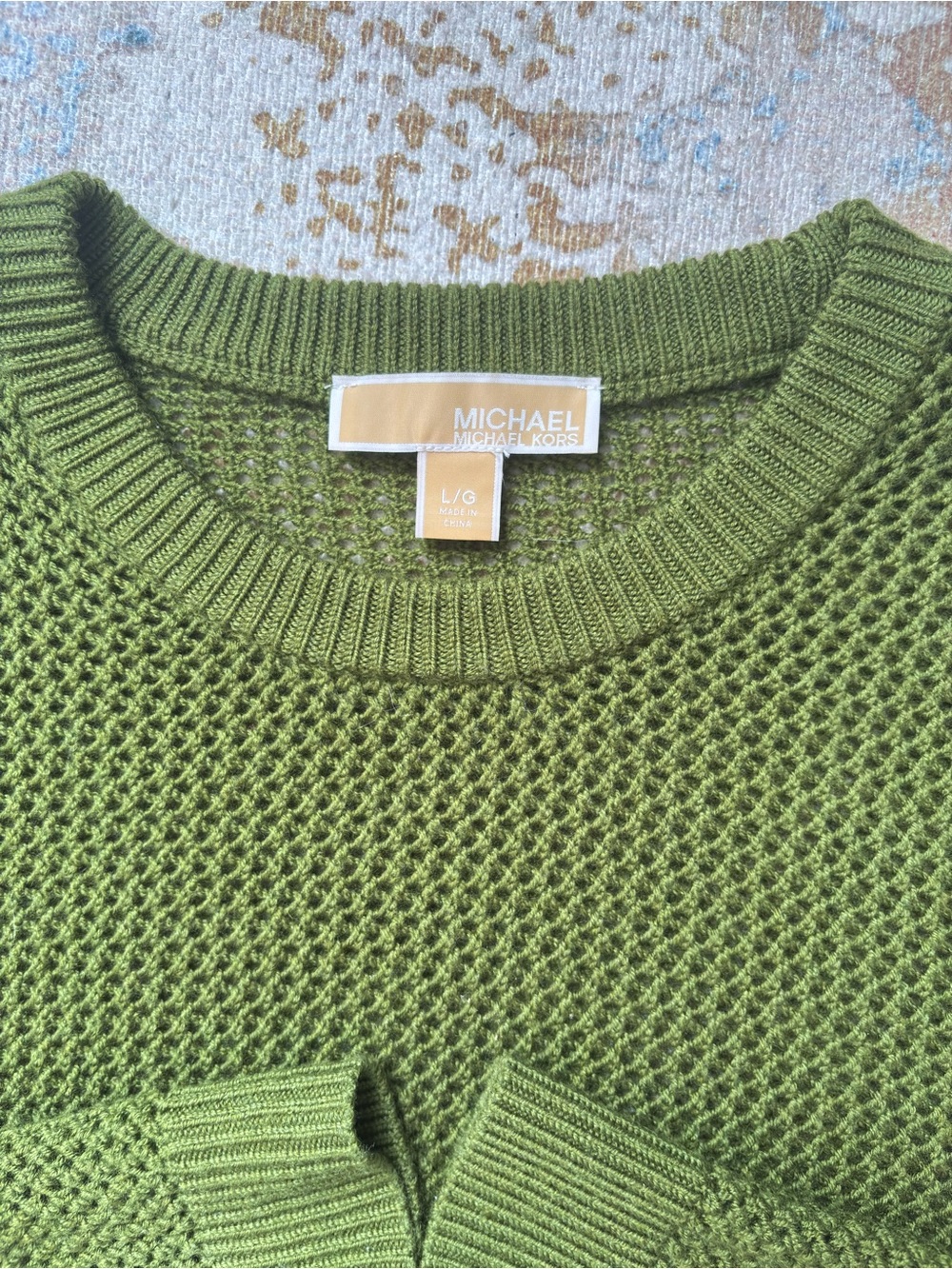Michael Kors Olive Open-Knit Crew Neck Sweater